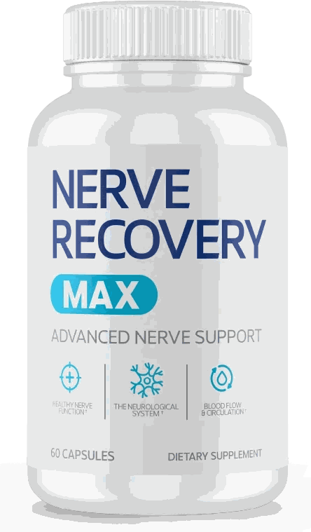 A white Nerve Recovery Max bottle, navy wordmark with a cyan MAX pill beneath it and the words Advanced Nerve Support