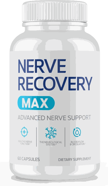 A white Nerve Recovery Max bottle with a navy wordmark and a cyan MAX pill